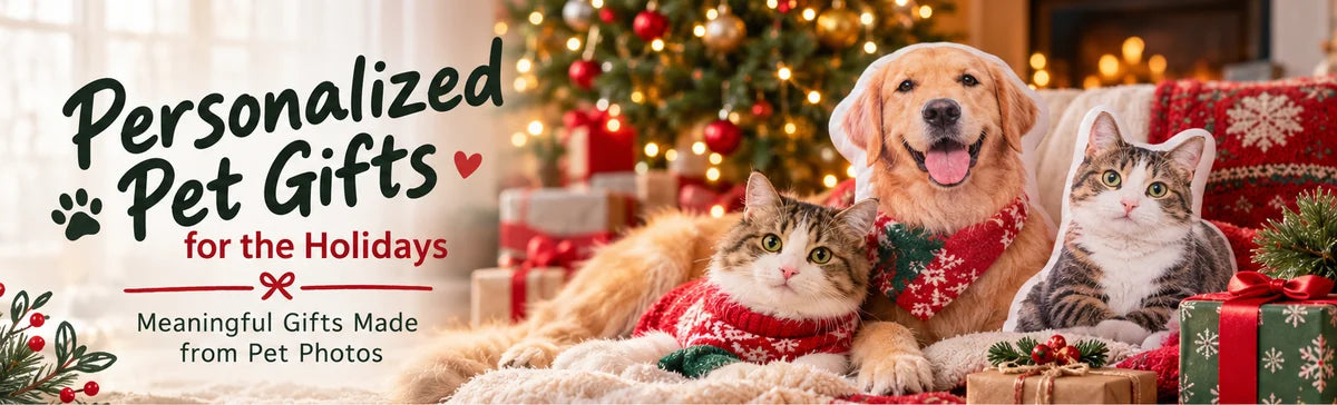 Custom pet-shaped pet pillow on a cozy sofa with Christmas gifts and warm holiday decorations.  