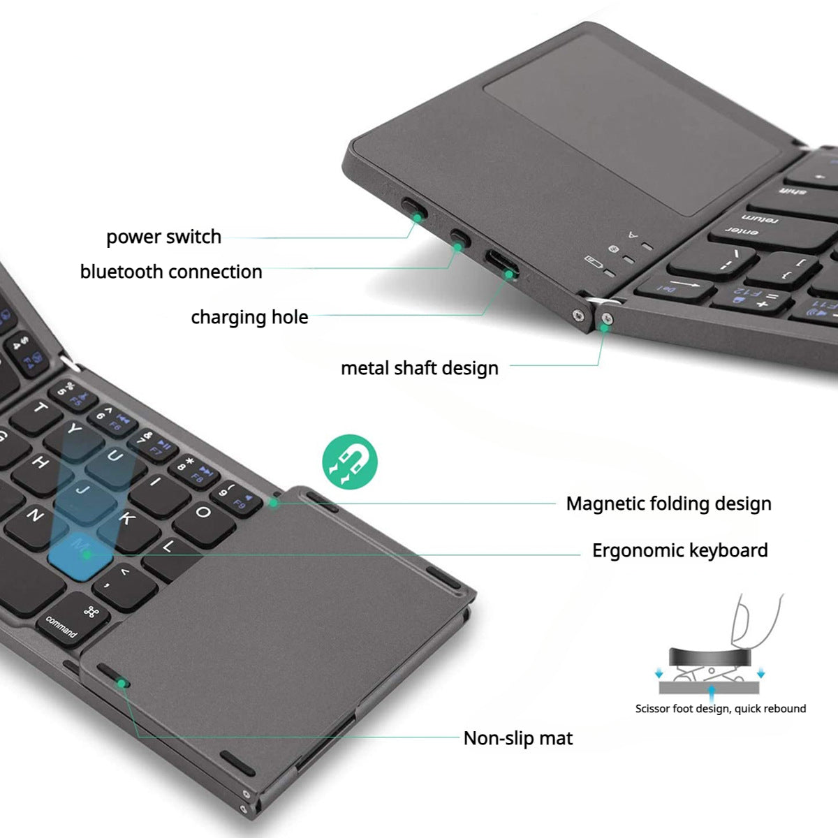 Kabellose, dreifach faltbare Bluetooth-Minitastatur, wiederaufladbar mit Touchpad 