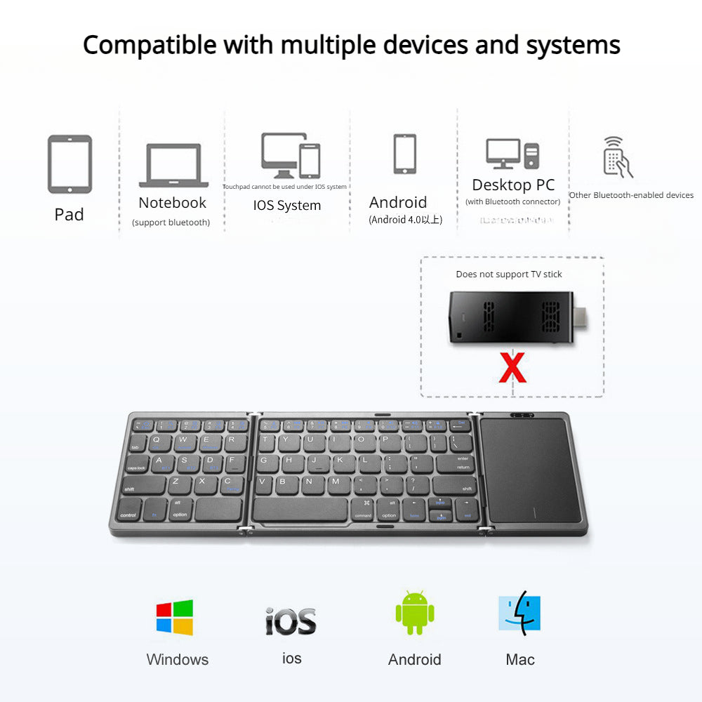 Wiederaufladbare dreifach faltbare Mini-Bluetooth-Tastatur mit Touchpad 