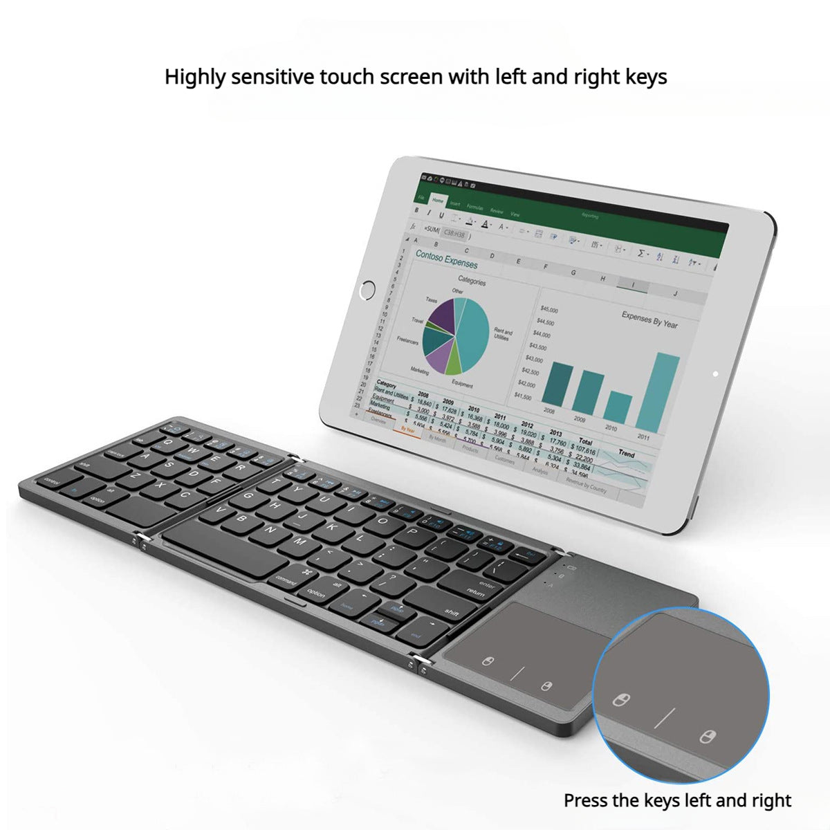 Kabellose, dreifach faltbare Bluetooth-Minitastatur, wiederaufladbar mit Touchpad 