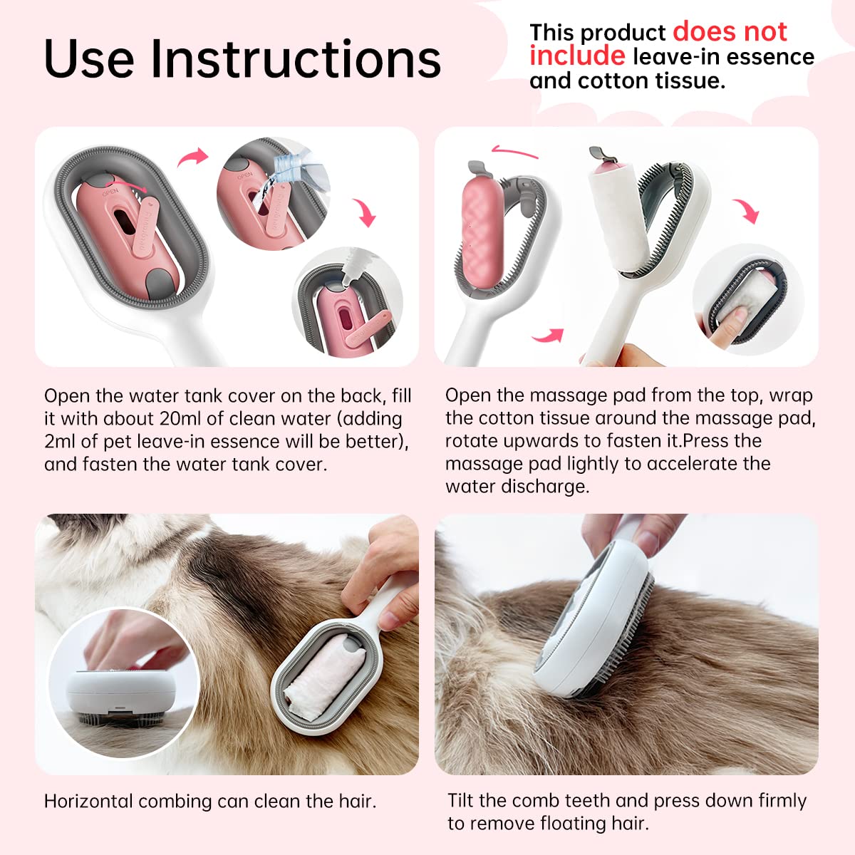 4 in 1 Pet Grooming Water Brush for Cats Dogs, Pet Hair Removal Comb with Water Tank