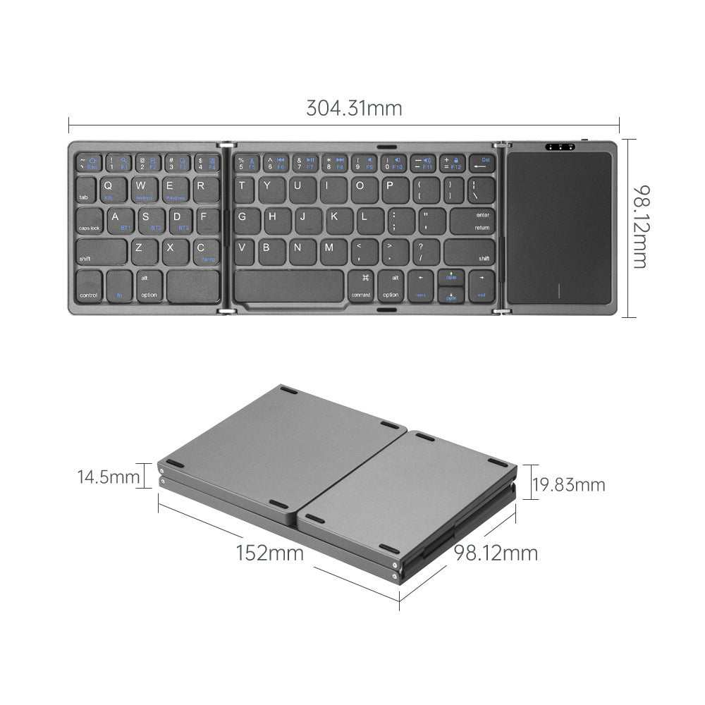 Wiederaufladbare dreifach faltbare Mini-Bluetooth-Tastatur mit Touchpad 