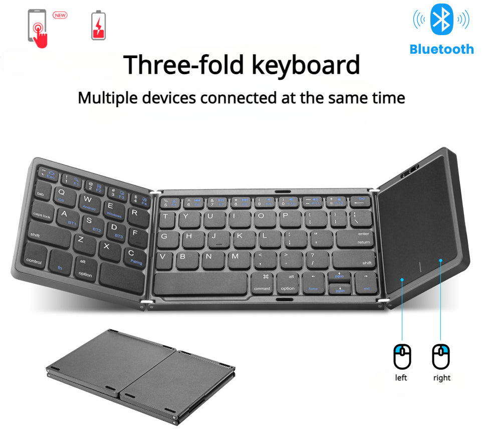 Wiederaufladbare dreifach faltbare Mini-Bluetooth-Tastatur mit Touchpad 