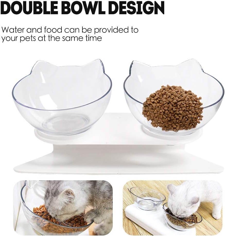 Elevated Raised Cat Bowl with Stand, 15° Tilted Double Cat Feeding Bowl for Kittens