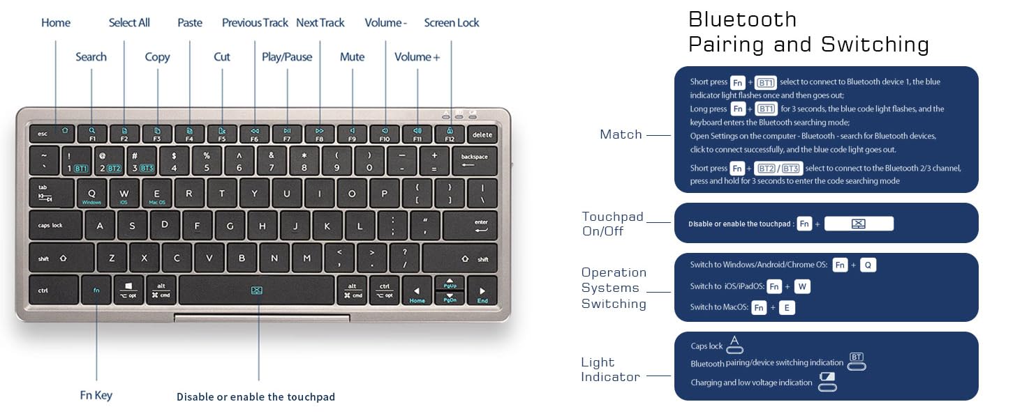 Rechargeable Portable Keyboard Bluetooth Keyboard 3 Channels with Hidden Touchpad