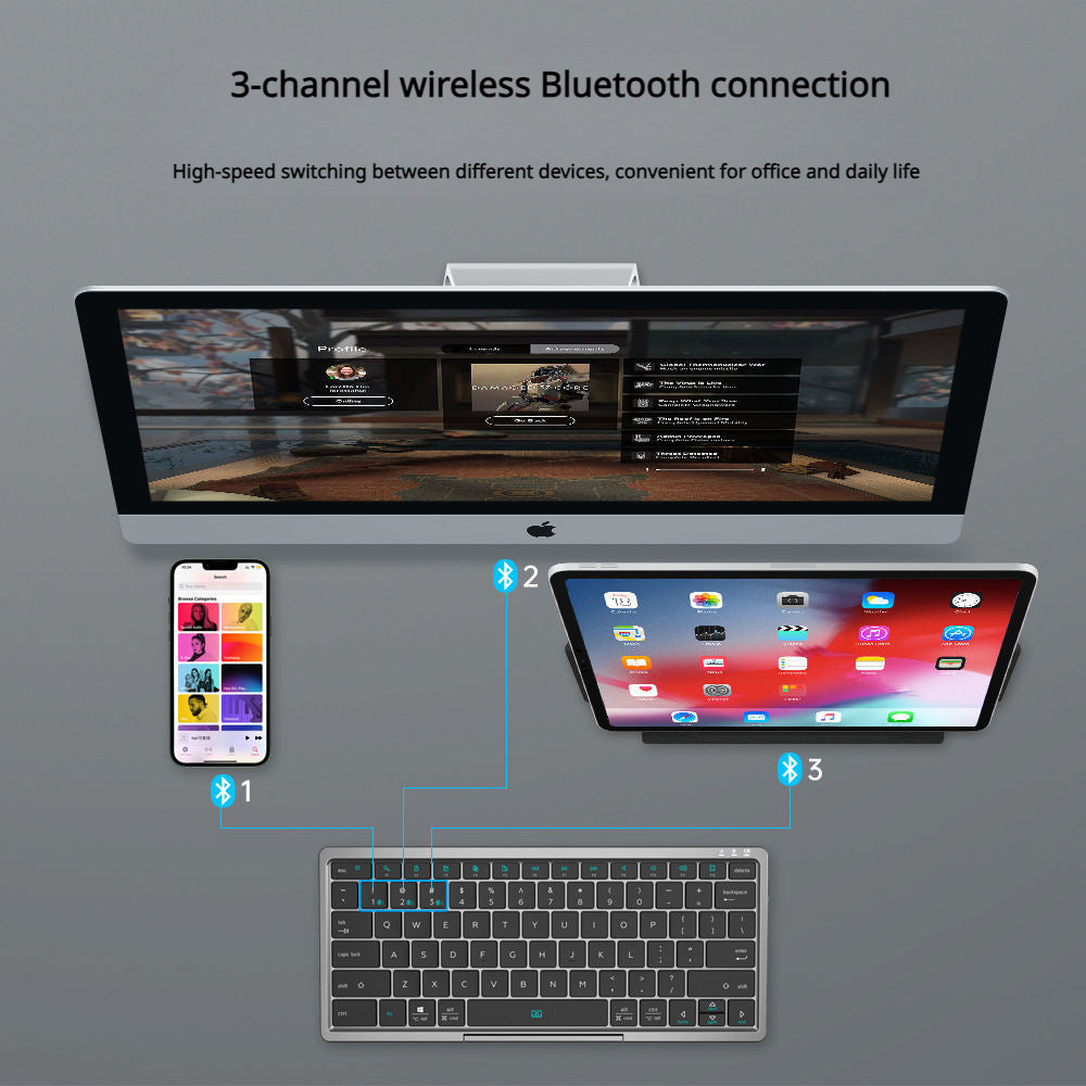 Wiederaufladbare tragbare Tastatur, Bluetooth-Tastatur, 3 Kanäle, mit verstecktem Touchpad